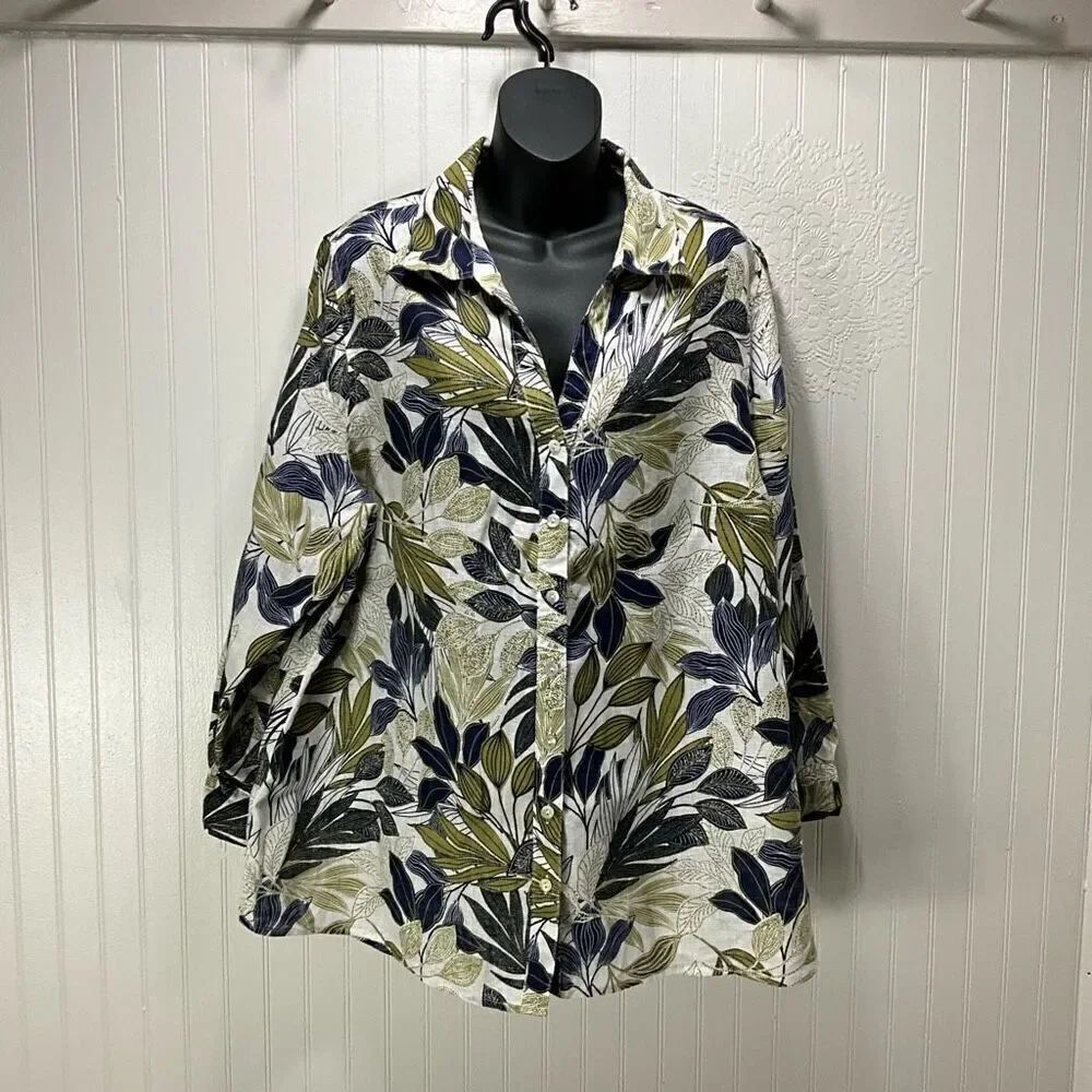 TARARI 100% Linen Leaf Print Long Sleeve Shirt